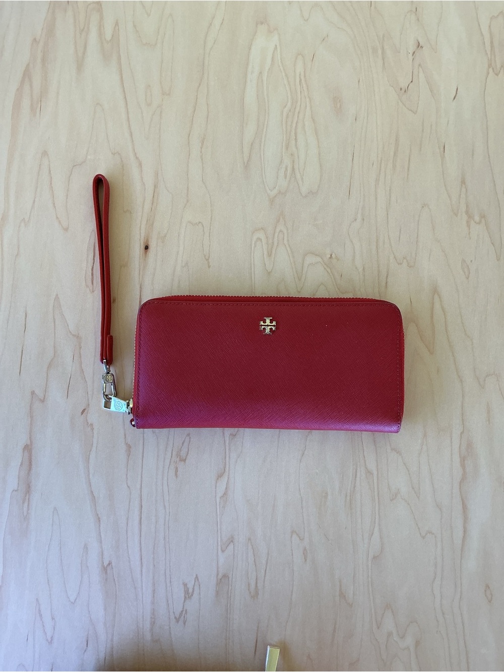 Tory Burch Red Zip-Around Wristlet Wallet with Gold Logo